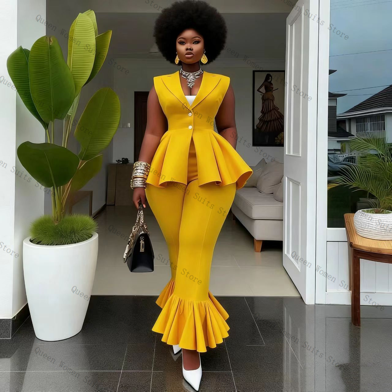 Women Formal Wear Vest - Yellow Women Suit Pants Set 2