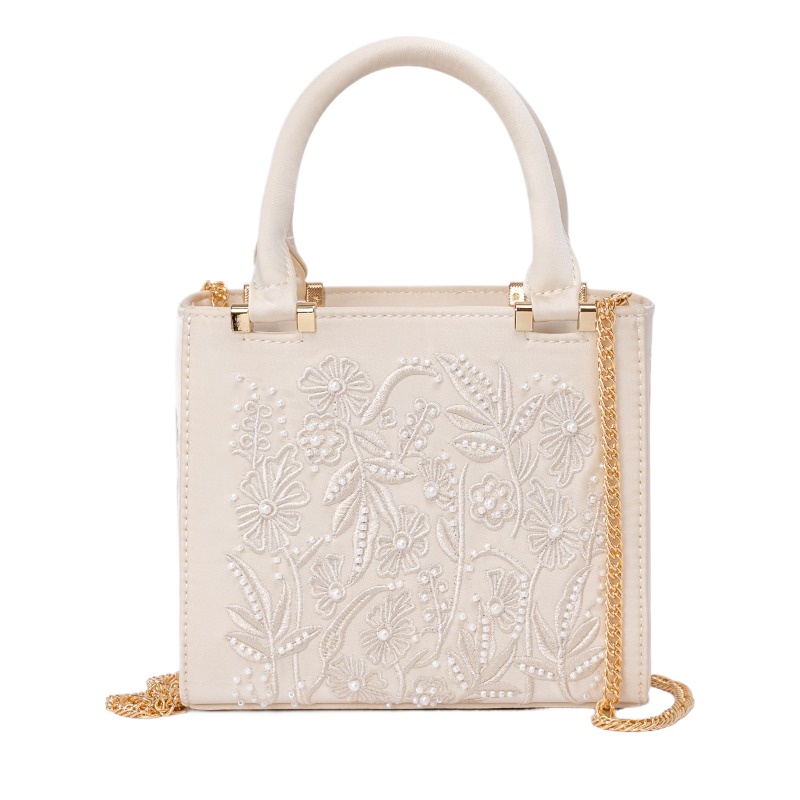 Shoulder Bag Structured - Embroidered Pearl Handbag Vintage Elegant Structured