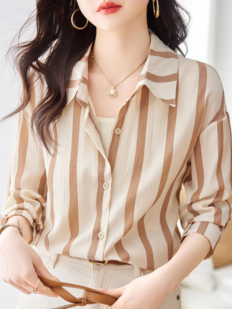 Women Formal Wear Shirts - Apricot Striped Long Sleeved Shirt for