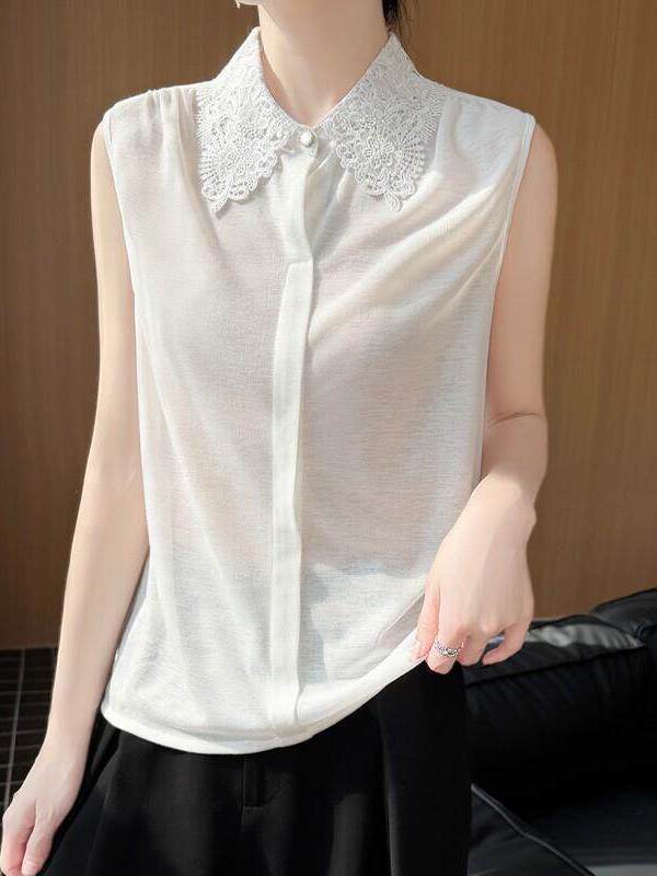 Women Formal Wear Shirts - Lace Trim No Sleeve Knitted Shirt